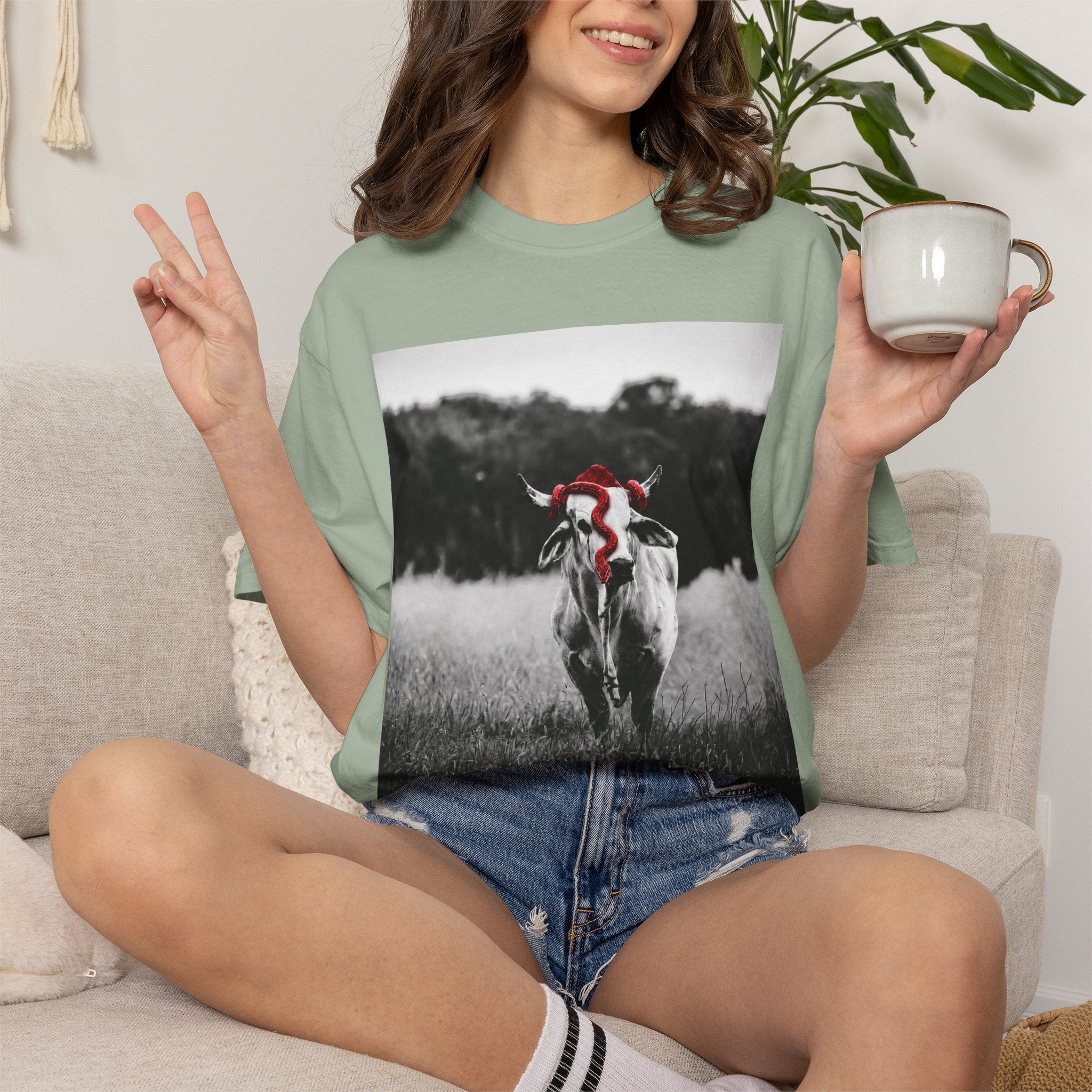 Cow Portrait T-Shirt — Black & White Grazing Cow Photo with Red Bandana