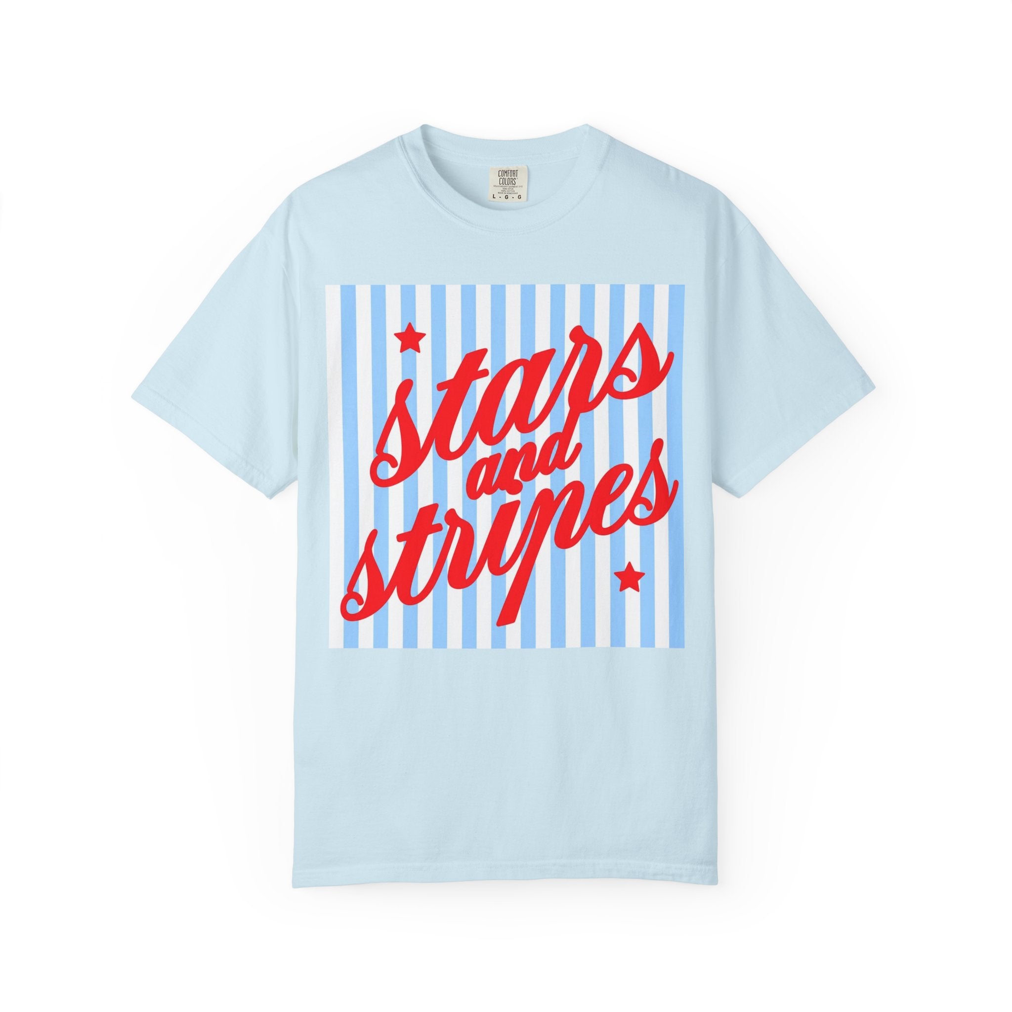 Stars and Stripes T-Shirt — Retro Red Script on Blue Stripe Graphic Tee