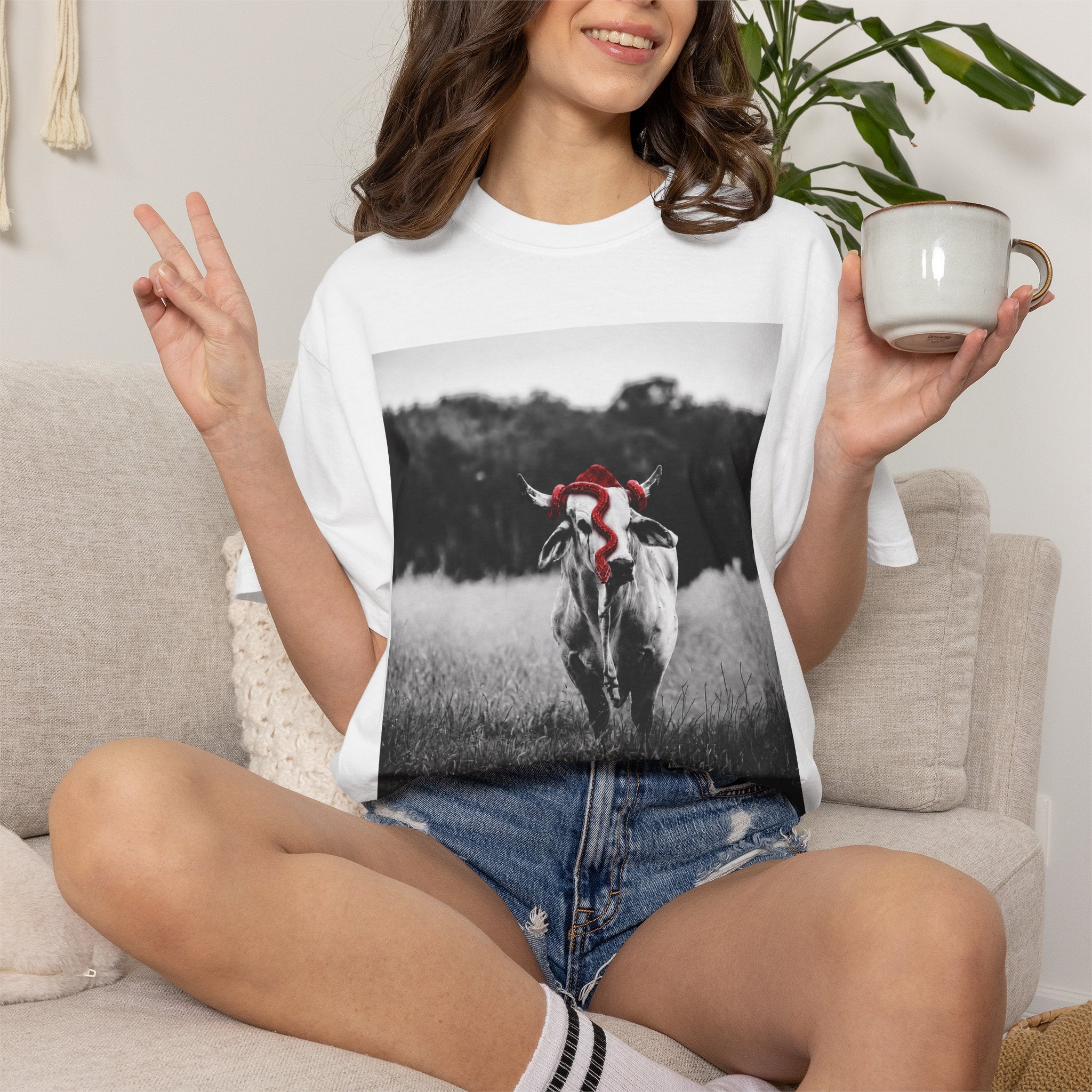 Cow Portrait T-Shirt — Black & White Grazing Cow Photo with Red Bandana